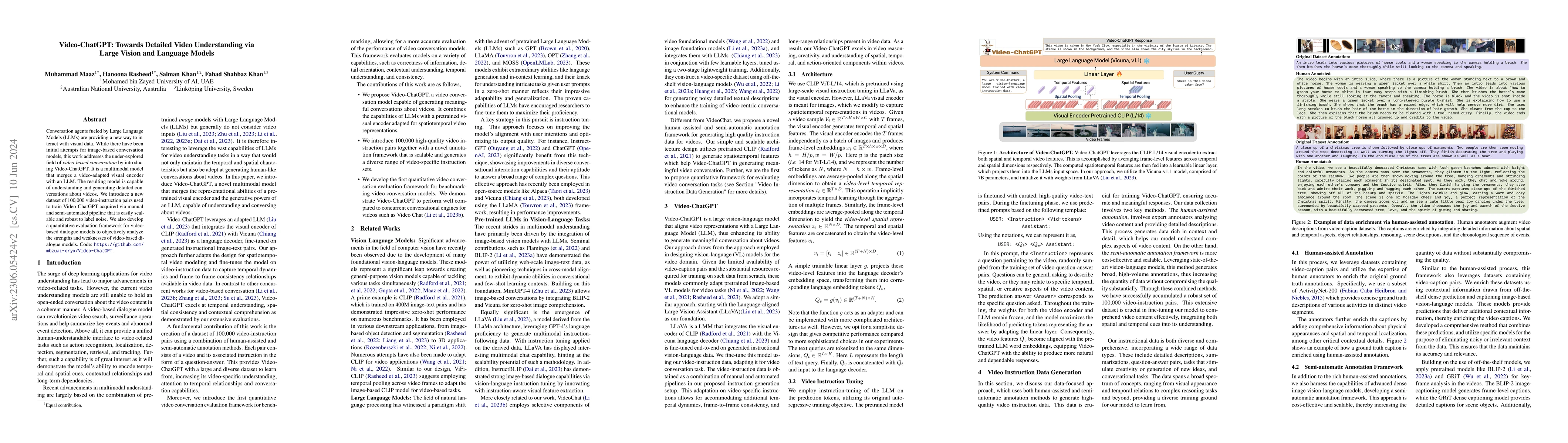 Thumbnail for Video-ChatGPT: Towards Detailed Video Understanding via Large Vision and
  Language Models