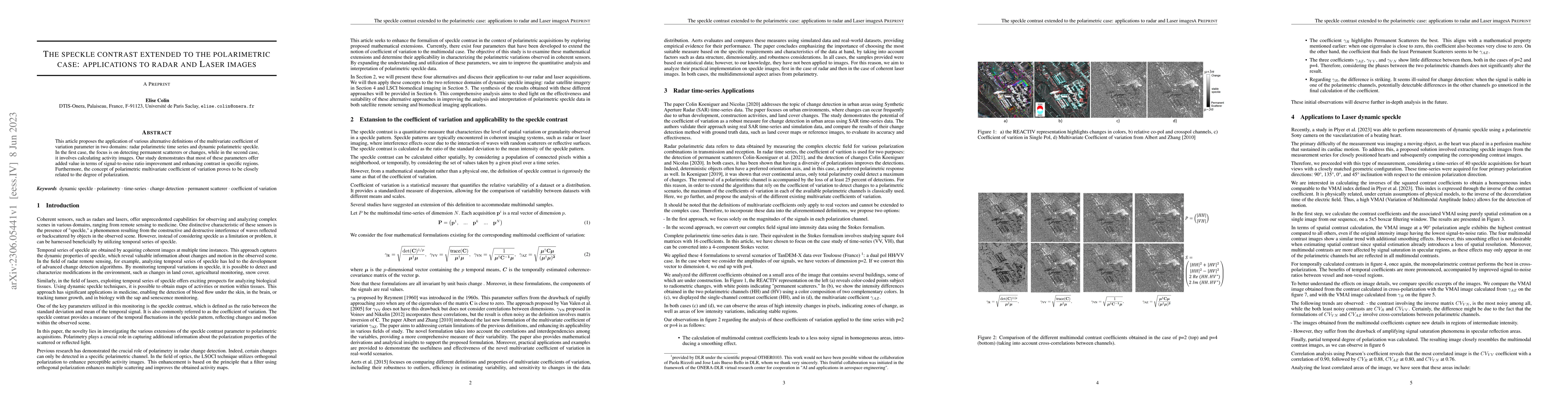 Thumbnail for The speckle contrast extended to the polarimetric case: applications to
  radar and Laser images