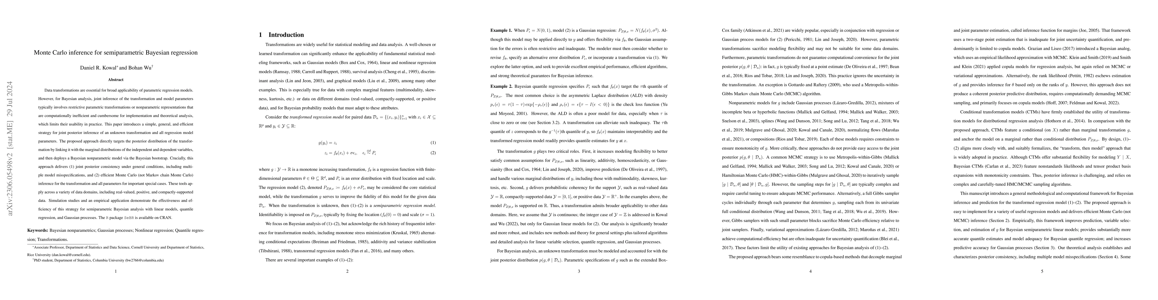 Thumbnail for Monte Carlo inference for semiparametric Bayesian regression