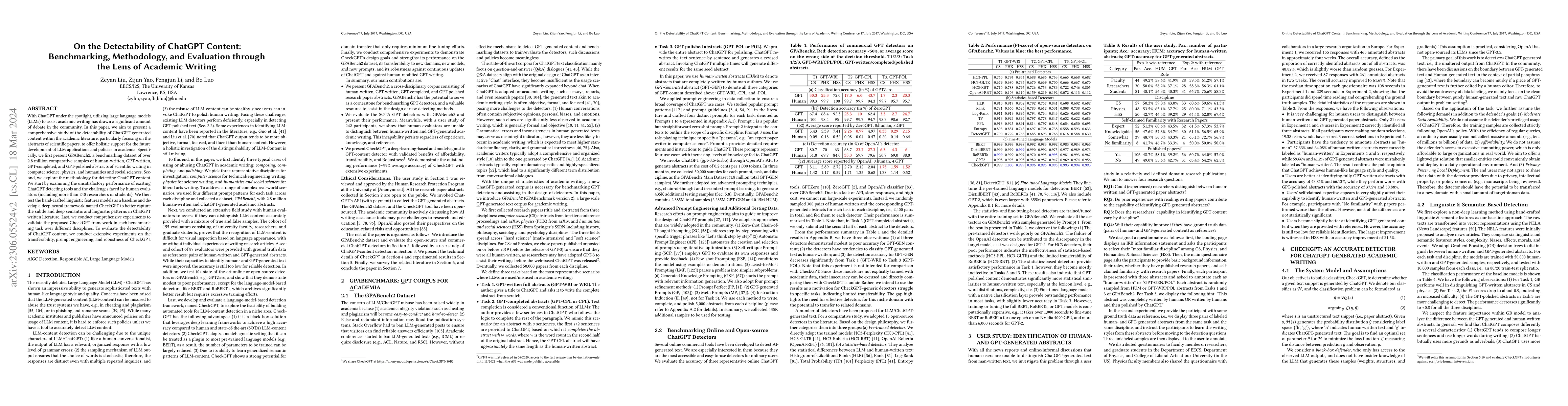 Thumbnail for On the Detectability of ChatGPT Content: Benchmarking, Methodology, and
  Evaluation through the Lens of Academic Writing