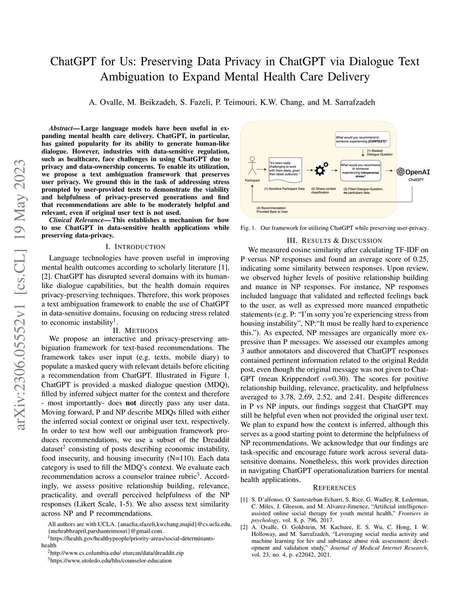 Thumbnail for ChatGPT for Us: Preserving Data Privacy in ChatGPT via Dialogue Text
  Ambiguation to Expand Mental Health Care Delivery