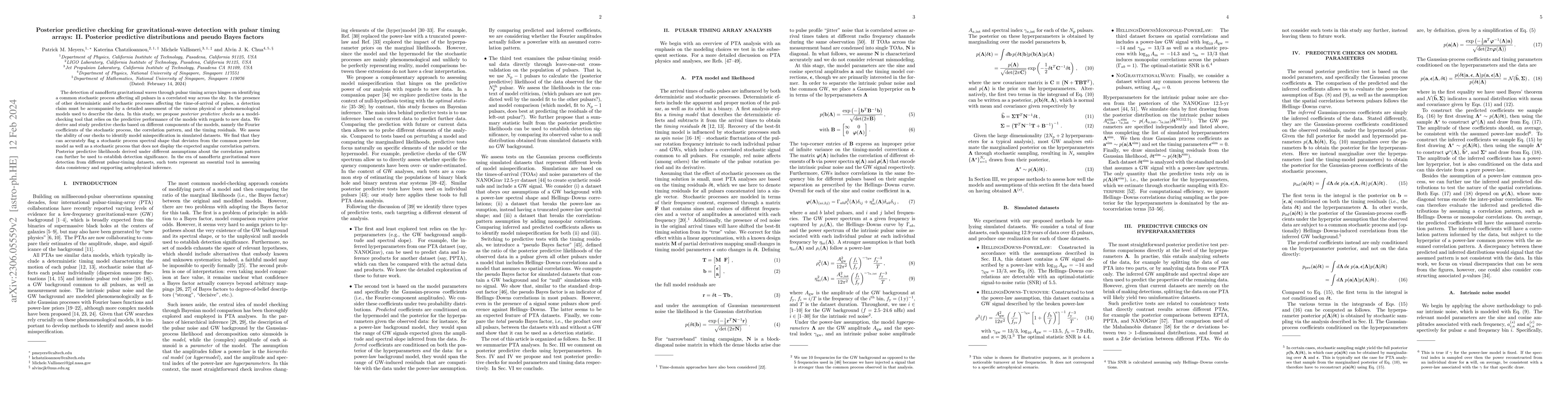 Thumbnail for Posterior predictive checking for gravitational-wave detection with
  pulsar timing arrays: II. Posterior predictive distributions and pseudo Bayes
  factors