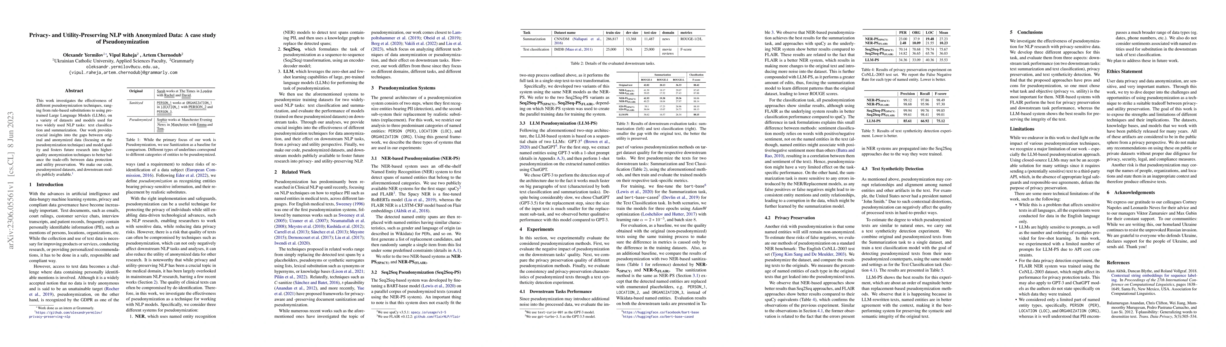 Thumbnail for Privacy- and Utility-Preserving NLP with Anonymized Data: A case study
  of Pseudonymization