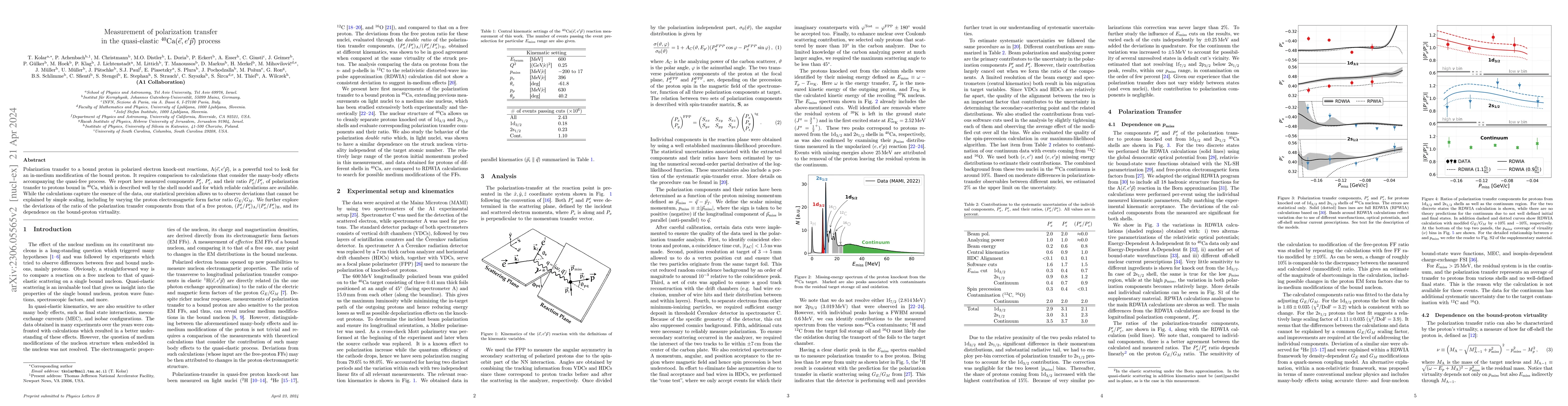 Thumbnail for Measurement of polarization transfer in the quasi-elastic $^{40}{\rm
  Ca}(\vec{e},e' \vec{p})$ process