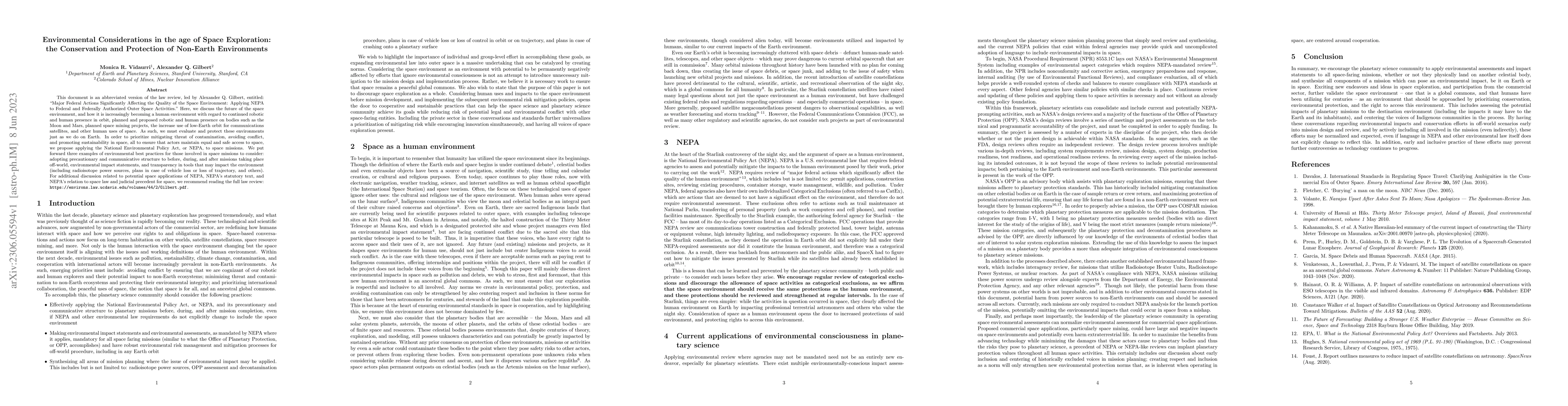 Thumbnail for Environmental Considerations in the age of Space Exploration: the
  Conservation and Protection of Non-Earth Environments