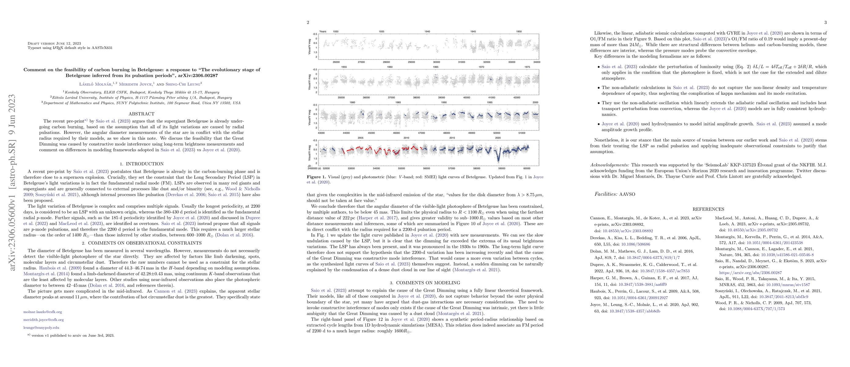 Thumbnail for Comment on the feasibility of carbon burning in Betelgeuse: a response
  to "The evolutionary stage of Betelgeuse inferred from its pulsation
  periods," arXiv:2306.00287
