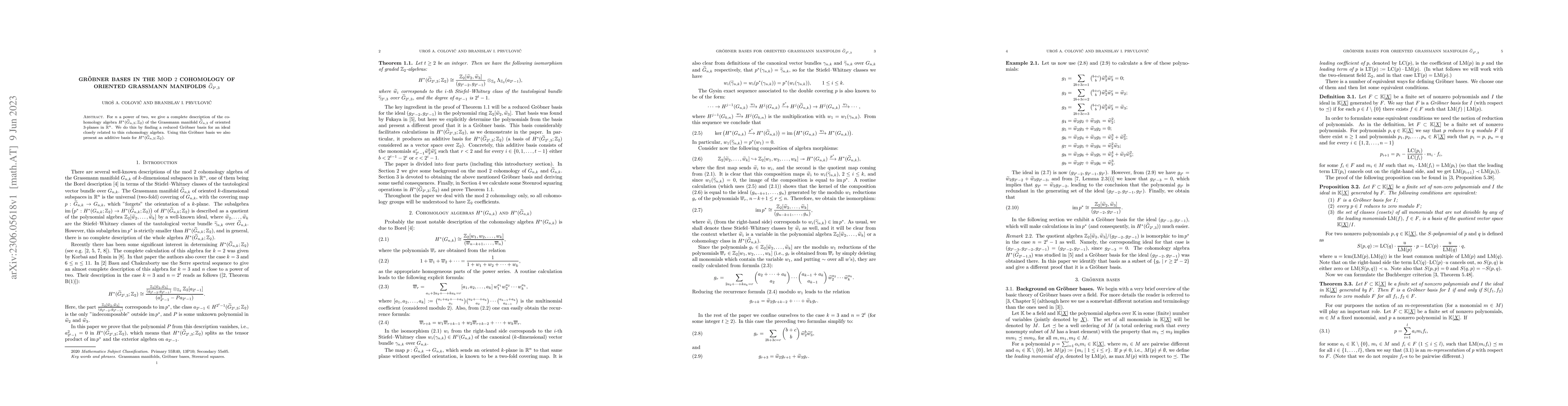 Thumbnail for Gr\"obner bases in the mod $2$ cohomology of oriented Grassmann
  manifolds $\widetilde G_{2^t,3}$