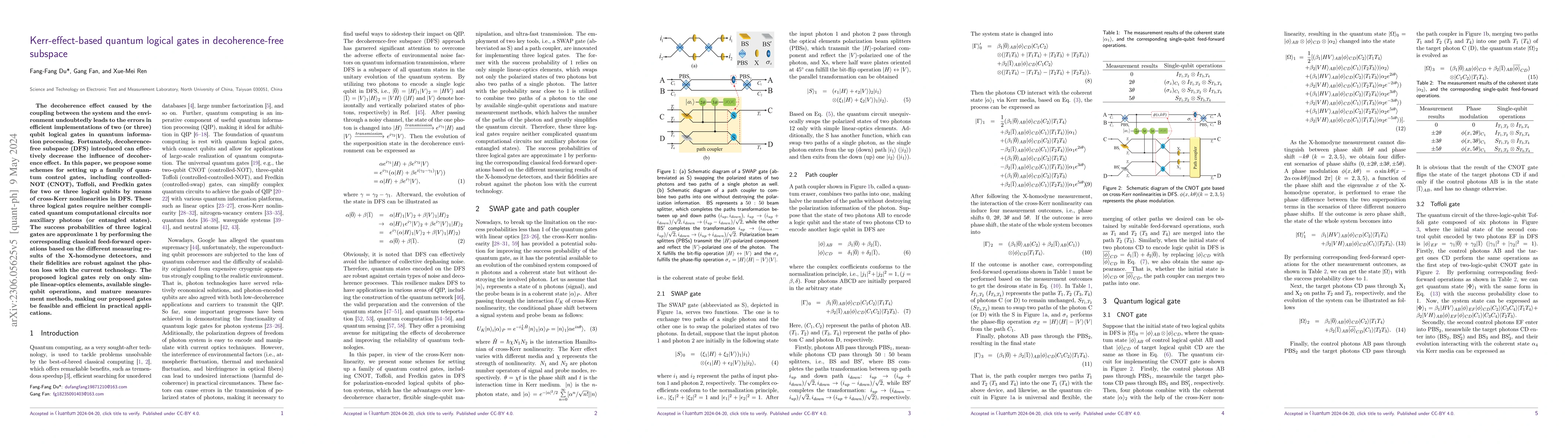 Thumbnail for Kerr-effect-based quantum logical gates in decoherence-free subspace