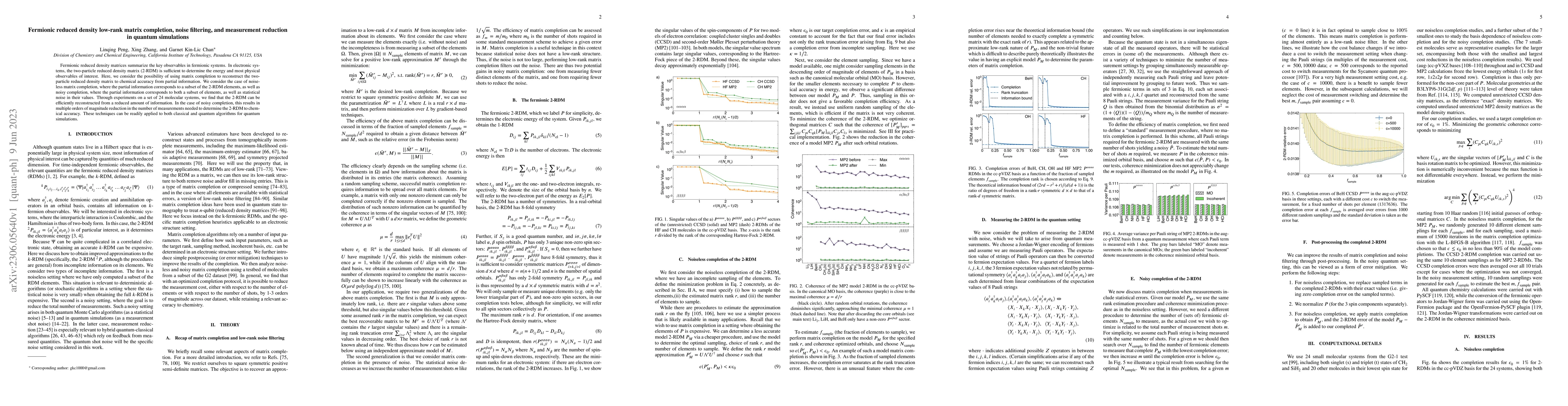 Thumbnail for Fermionic reduced density low-rank matrix completion, noise filtering,
  and measurement reduction in quantum simulations