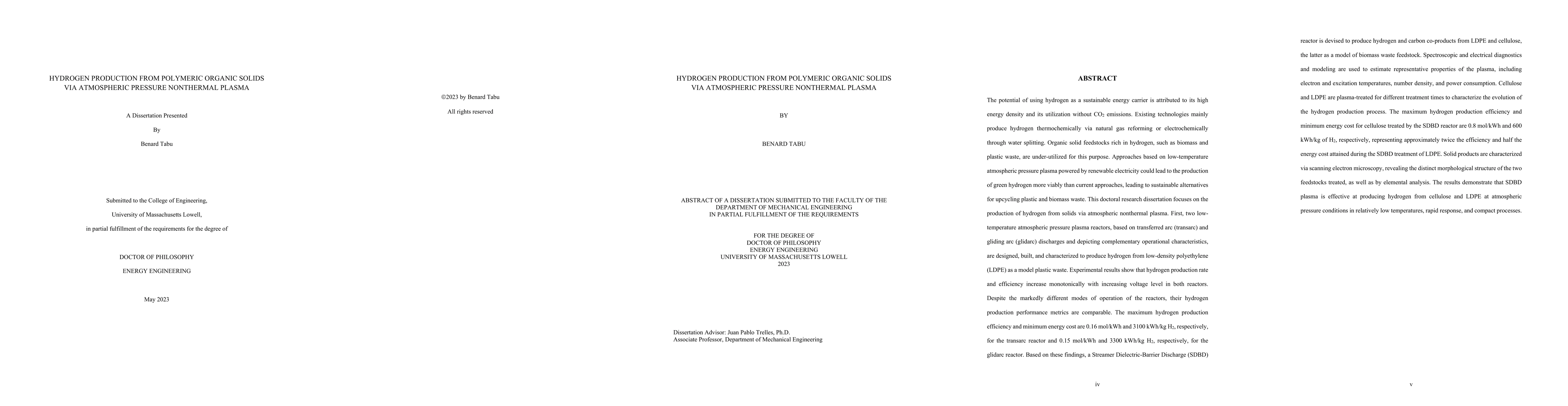 Thumbnail for Hydrogen production from polymeric organic solids via atmospheric
  pressure nonthermal Plasma