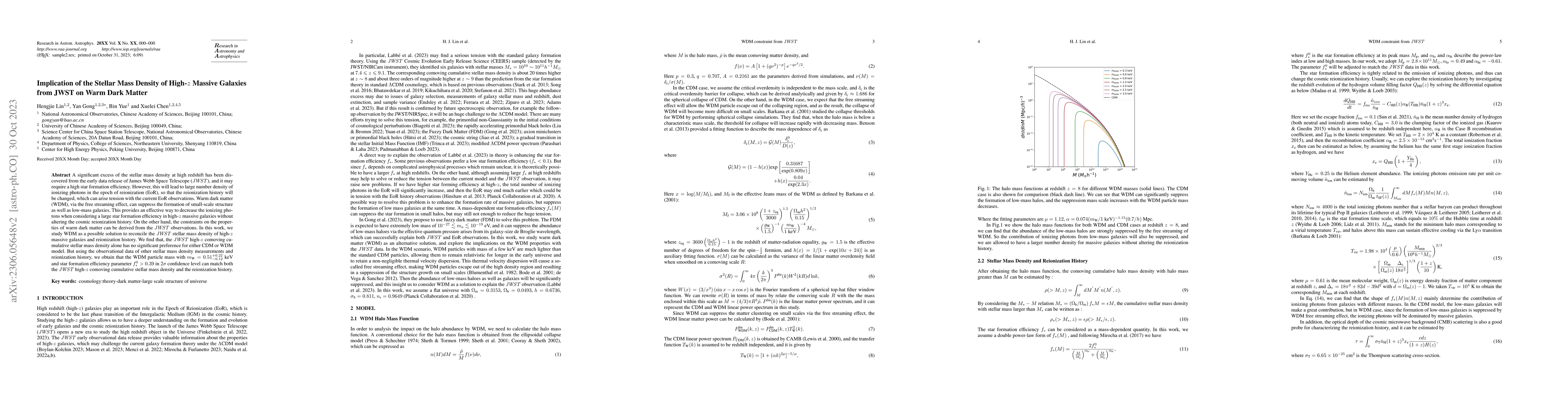 Thumbnail for Implications of the Stellar Mass Density of High-$z$ Massive Galaxies
  from JWST on Warm Dark Matter