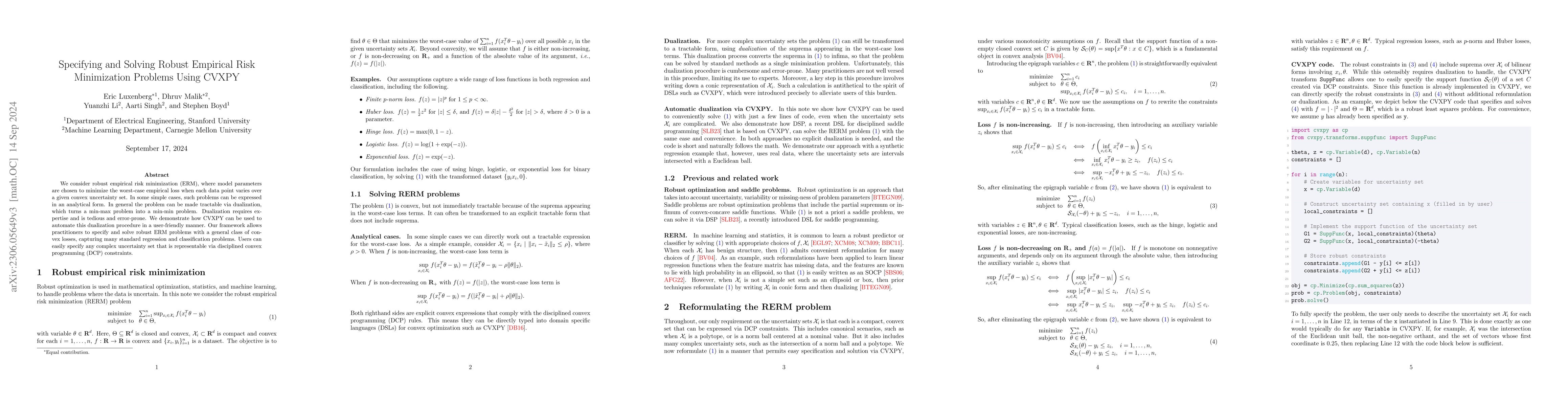 Thumbnail for Specifying and Solving Robust Empirical Risk Minimization Problems Using
  CVXPY