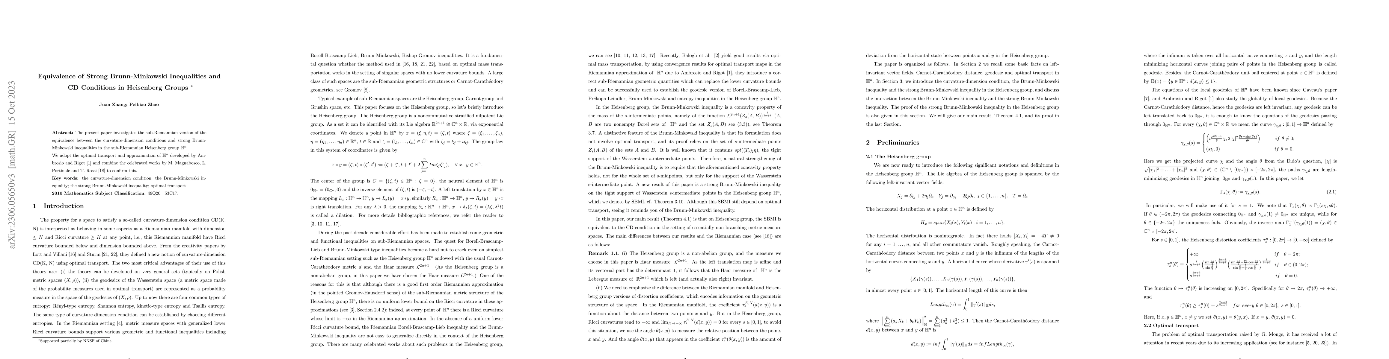 Thumbnail for Equivalence of Strong Brunn-Minkowski Inequalities and CD Conditions in
  Heisenberg Groups