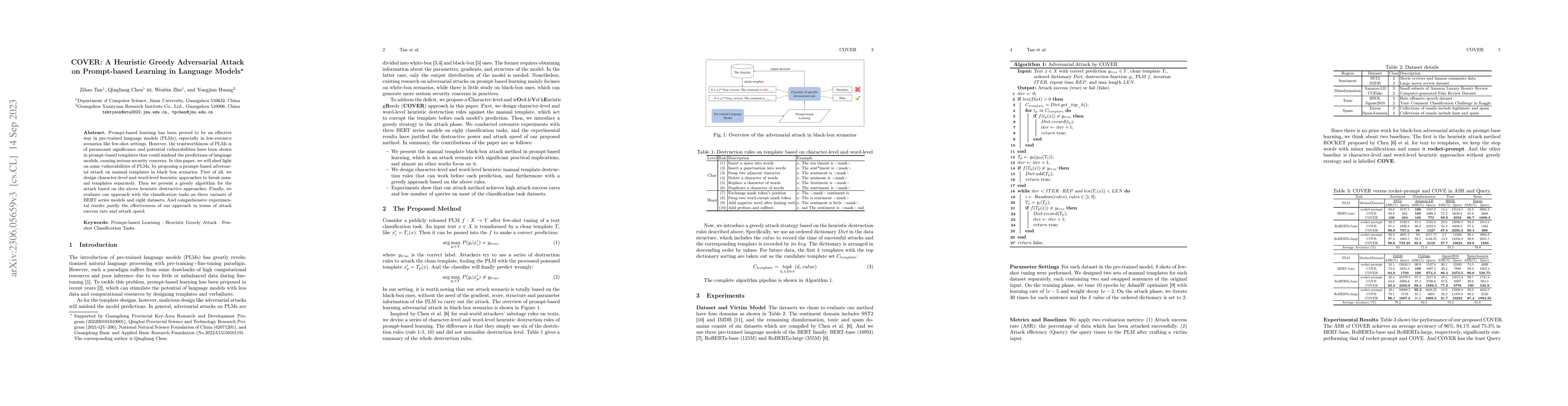 Thumbnail for COVER: A Heuristic Greedy Adversarial Attack on Prompt-based Learning in
  Language Models