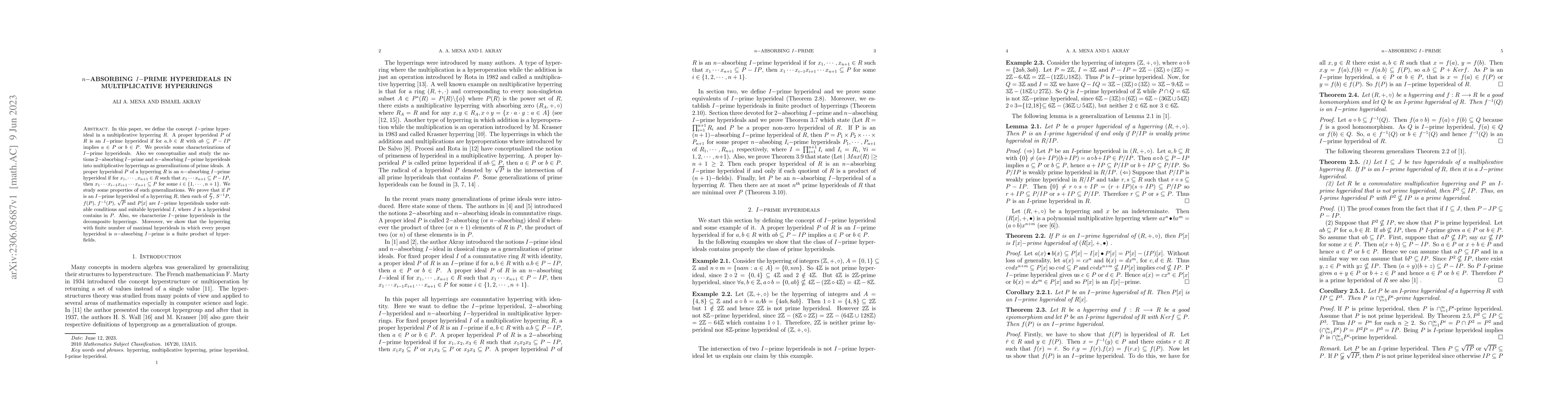 Thumbnail for $n-$absorbing $I-$prime hyperideals in multiplicative hyperrings
