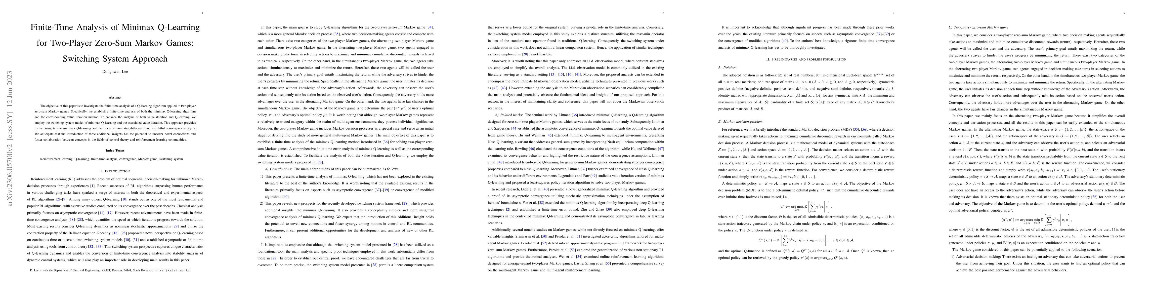 Thumbnail for Finite-Time Analysis of Minimax Q-Learning for Two-Player Zero-Sum
  Markov Games: Switching System Approach