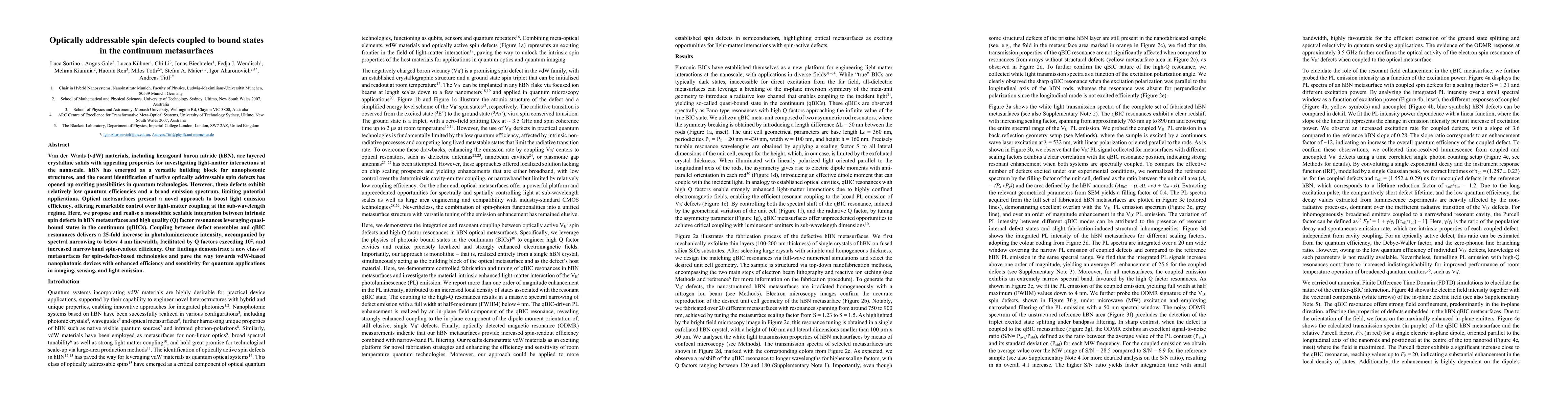 Thumbnail for Optically addressable spin defects coupled to bound states in the
  continuum metasurfaces