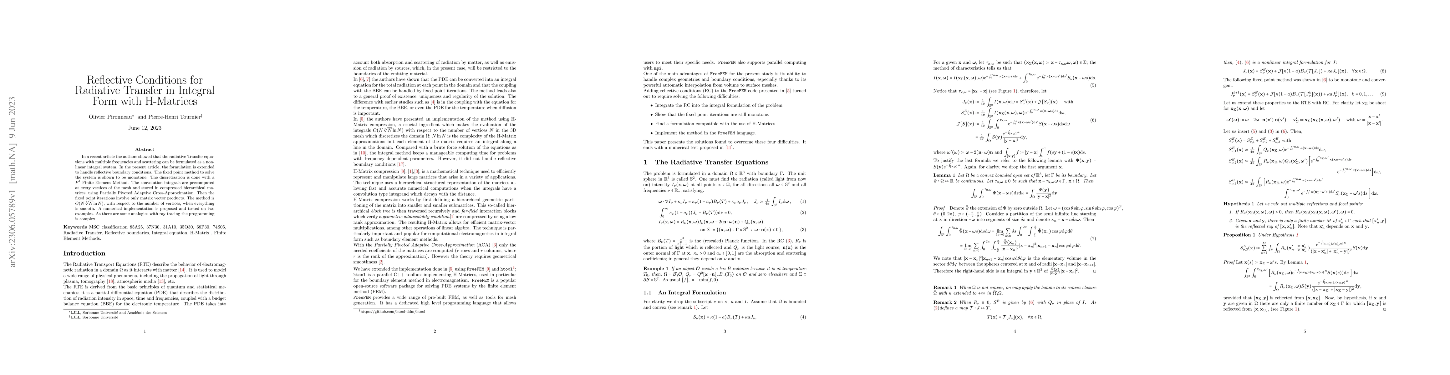 Thumbnail for Reflective Conditions for Radiative Transfer in Integral Form with
  H-Matrices