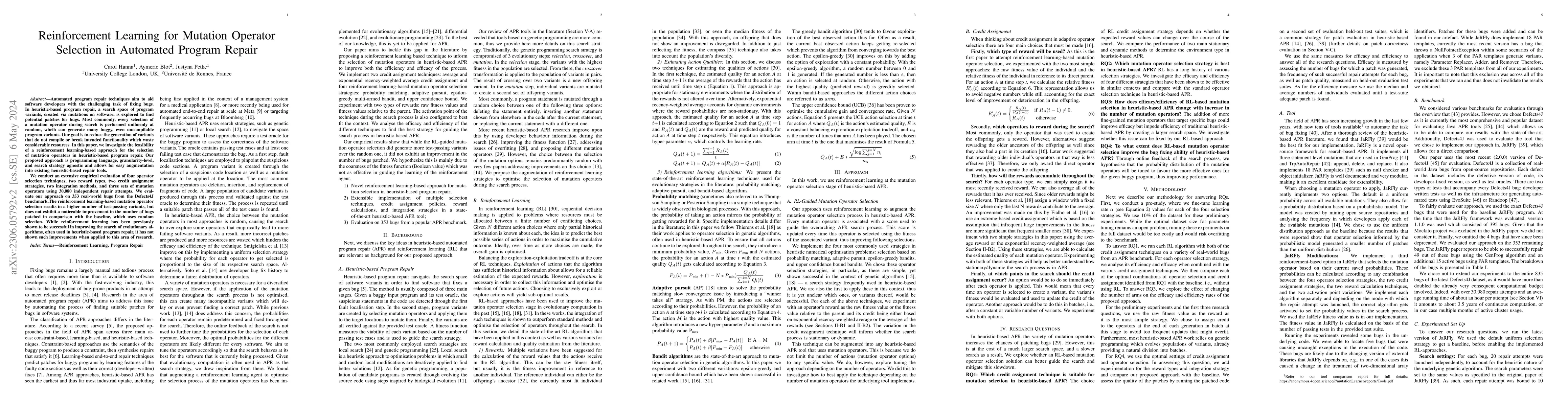 Thumbnail for Reinforcement Learning for Mutation Operator Selection in Automated
  Program Repair