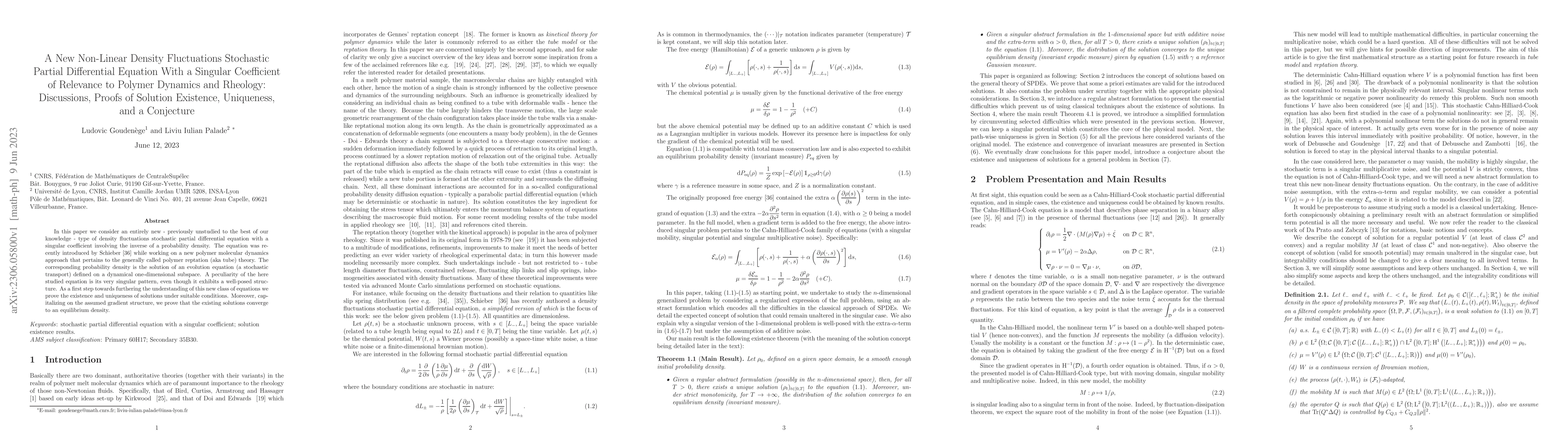 Thumbnail for A New Non-Linear Density Fluctuations Stochastic Partial Differential
  Equation With a Singular Coefficient of Relevance to Polymer Dynamics and
  Rheology: Discussions, Proofs of Solution Existence, Uniqueness, and a
  Conjecture