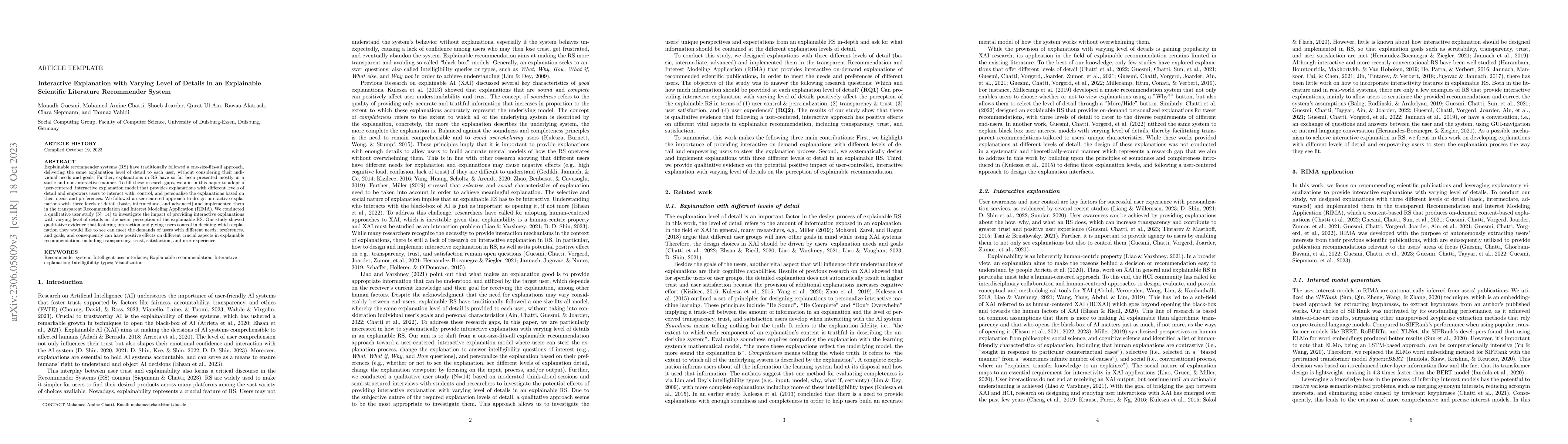 Thumbnail for Interactive Explanation with Varying Level of Details in an Explainable
  Scientific Literature Recommender System