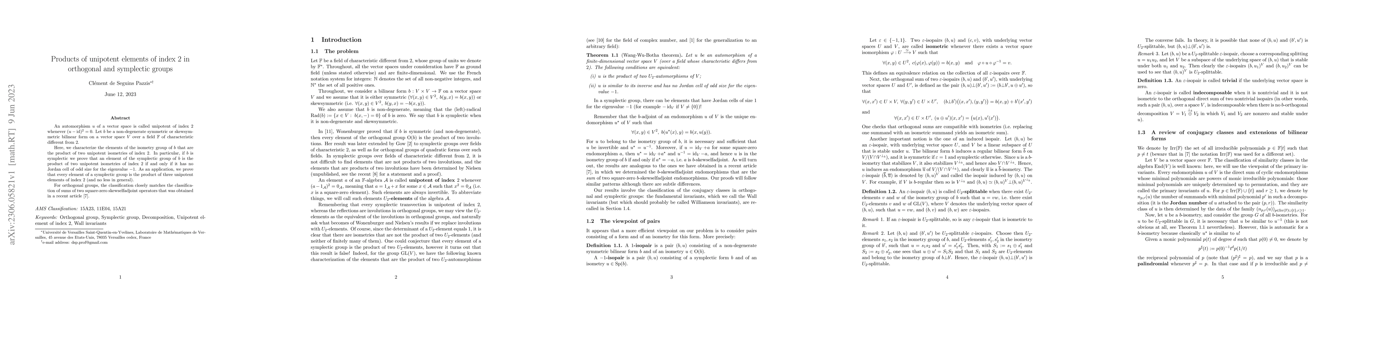 Thumbnail for Products of unipotent elements of index $2$ in orthogonal and symplectic
  groups