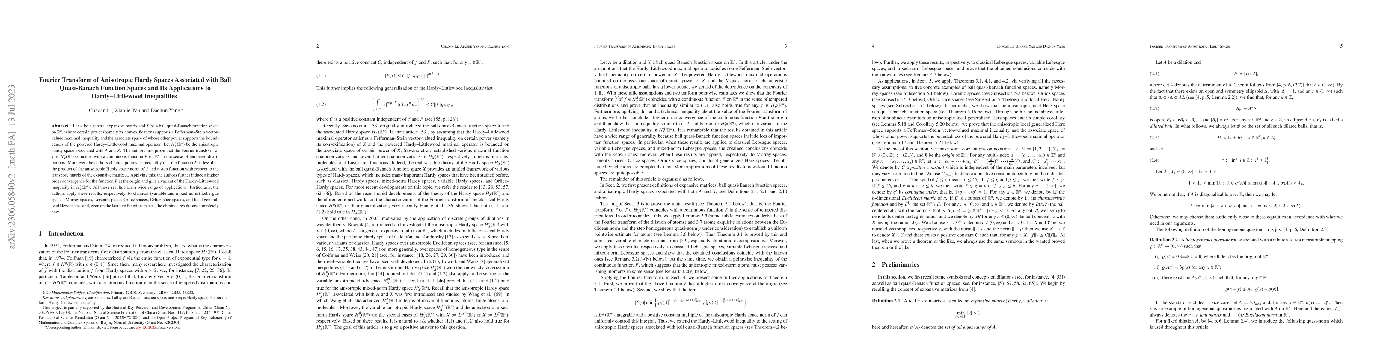 Thumbnail for Fourier Transform of Anisotropic Hardy Spaces Associated with Ball
  Quasi-Banach Function Spaces and Its Applications to Hardy--Littlewood
  Inequalities