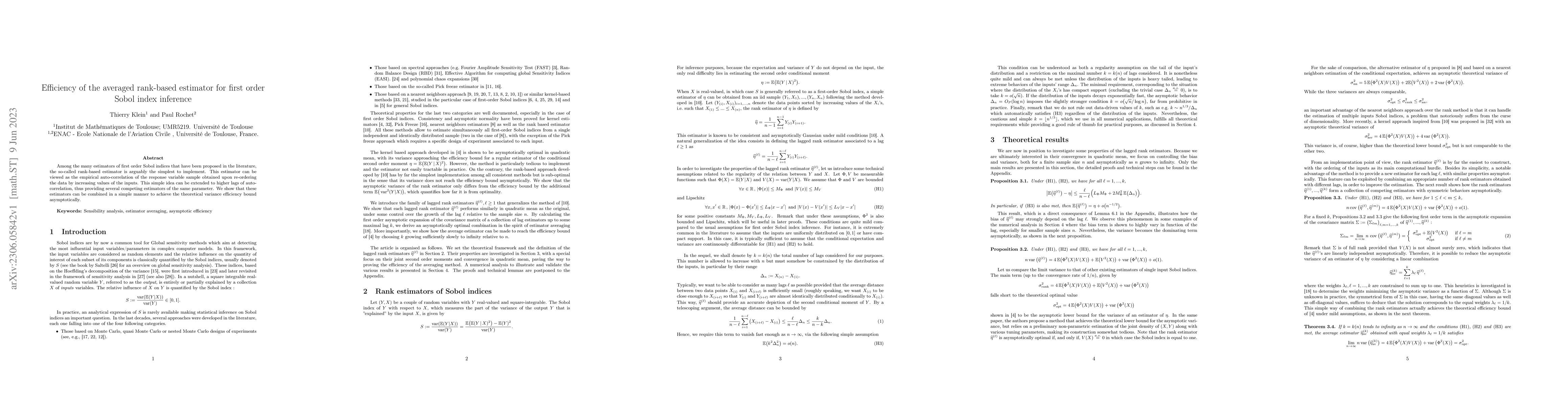 Thumbnail for Efficiency of the averaged rank-based estimator for first order Sobol
  index inference
