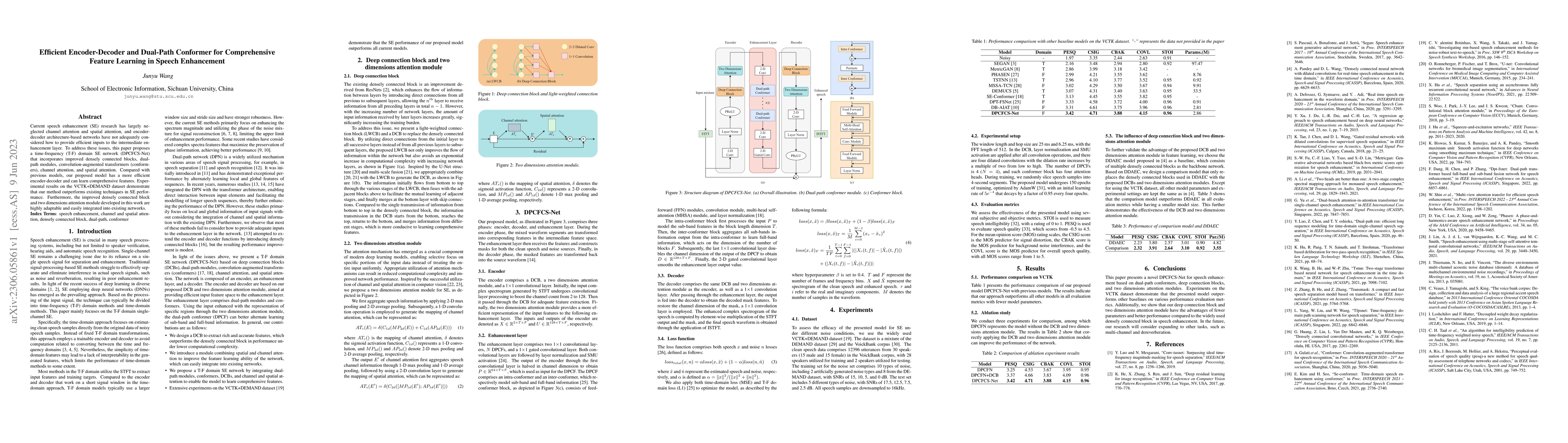 Thumbnail for Efficient Encoder-Decoder and Dual-Path Conformer for Comprehensive
  Feature Learning in Speech Enhancement