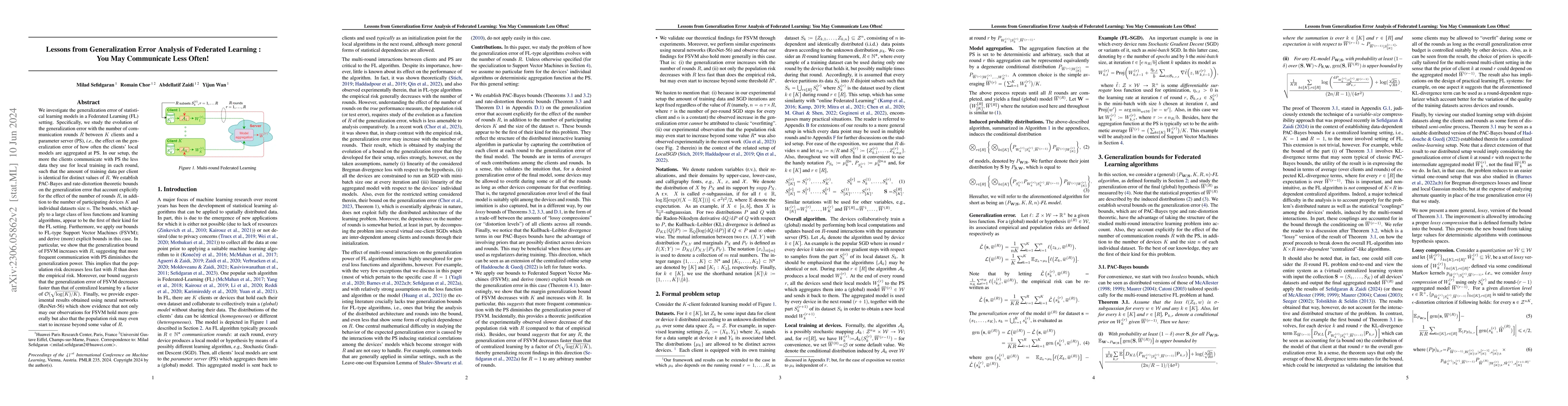 Thumbnail for Lessons from Generalization Error Analysis of Federated Learning: You
  May Communicate Less Often!