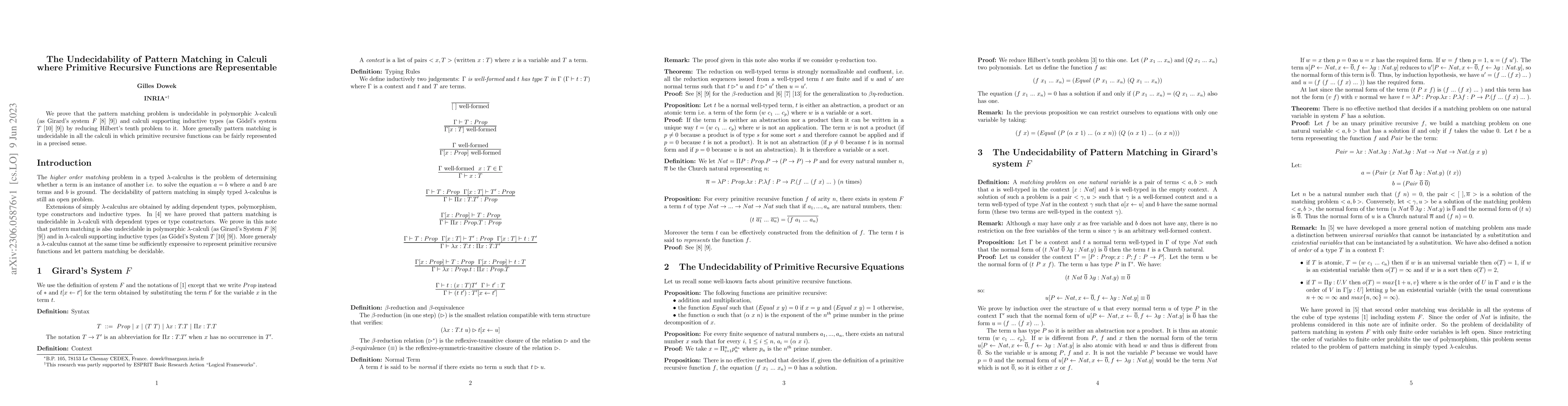 Thumbnail for The Undecidability of Pattern Matching in Calculi where Primitive
  Recursive Functions are Representable