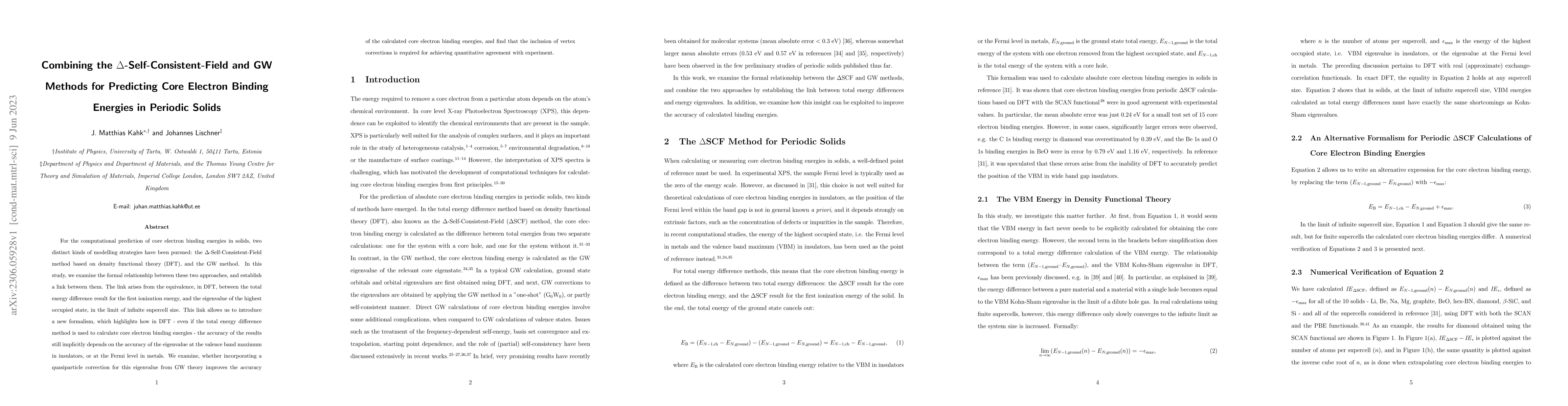 Thumbnail for Combining the $\Delta$-Self-Consistent-Field and GW Methods for
  Predicting Core Electron Binding Energies in Periodic Solids