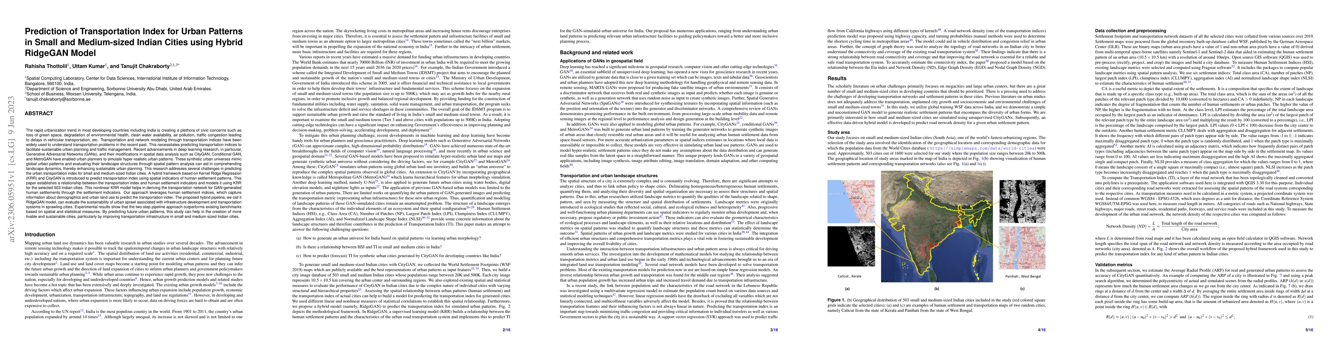 Thumbnail for Prediction of Transportation Index for Urban Patterns in Small and
  Medium-sized Indian Cities using Hybrid RidgeGAN Model
