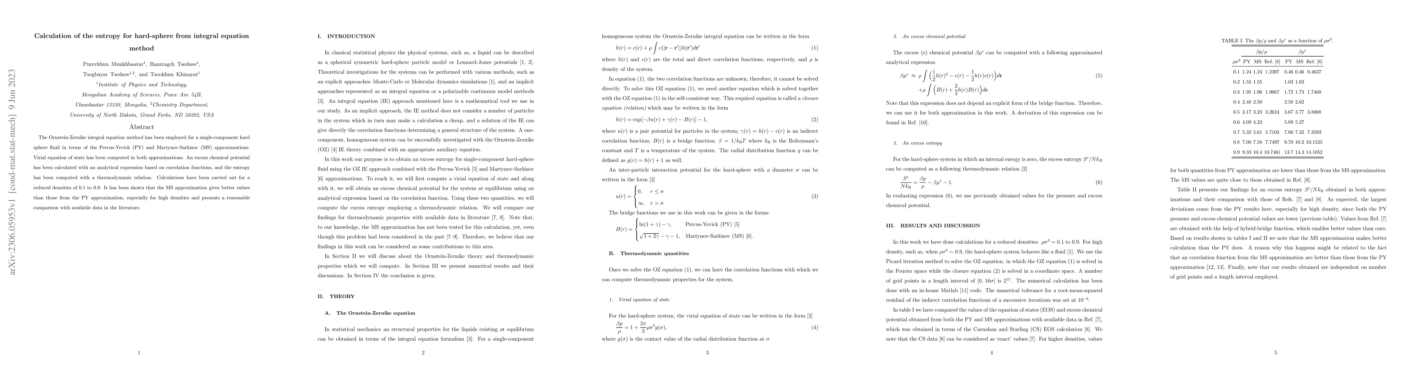 Thumbnail for Calculation of the entropy for hard-sphere from integral equation method