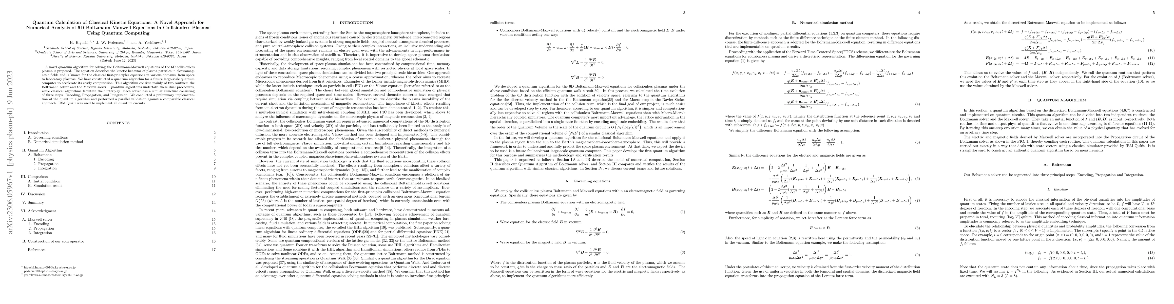 Thumbnail for Quantum Calculation of Classical Kinetic Equations: A Novel Approach for
  Numerical Analysis of 6D Boltzmann-Maxwell Equations in Collisionless Plasmas
  Using Quantum Computing