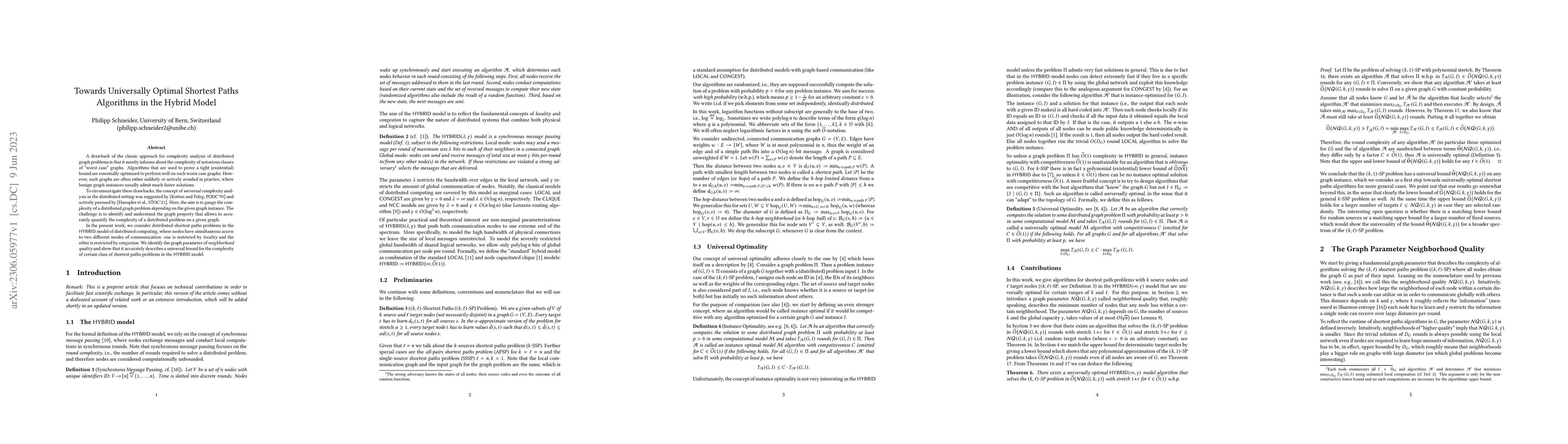 Thumbnail for Towards Universally Optimal Shortest Paths Algorithms in the Hybrid
  Model