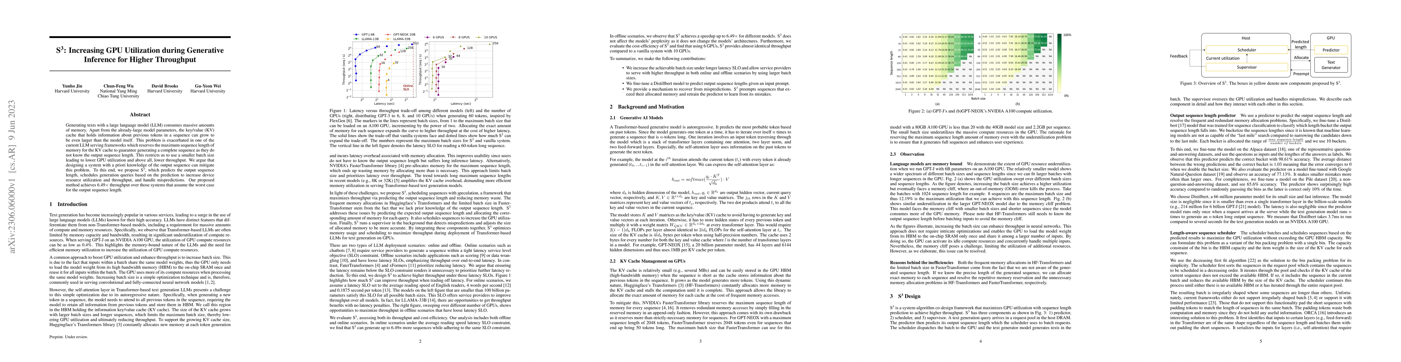 Thumbnail for S$^{3}$: Increasing GPU Utilization during Generative Inference for
  Higher Throughput