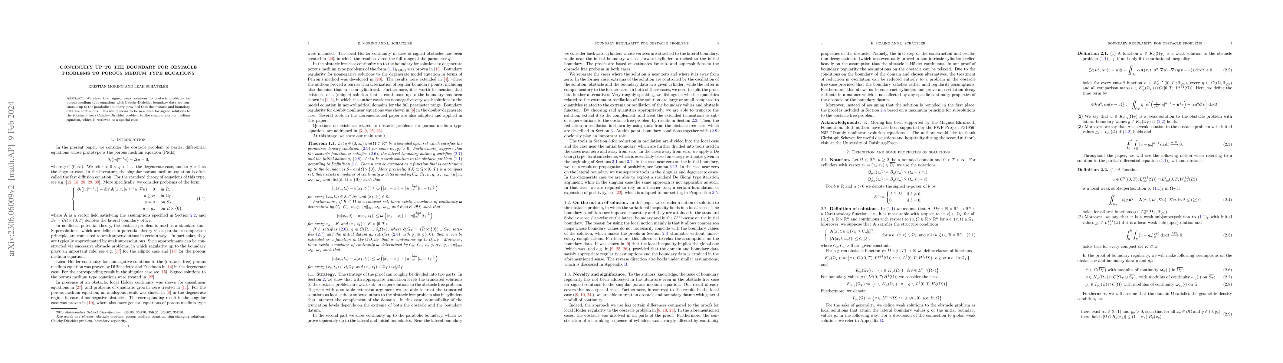 Thumbnail for Continuity up to the boundary for obstacle problems to porous medium
  type equations