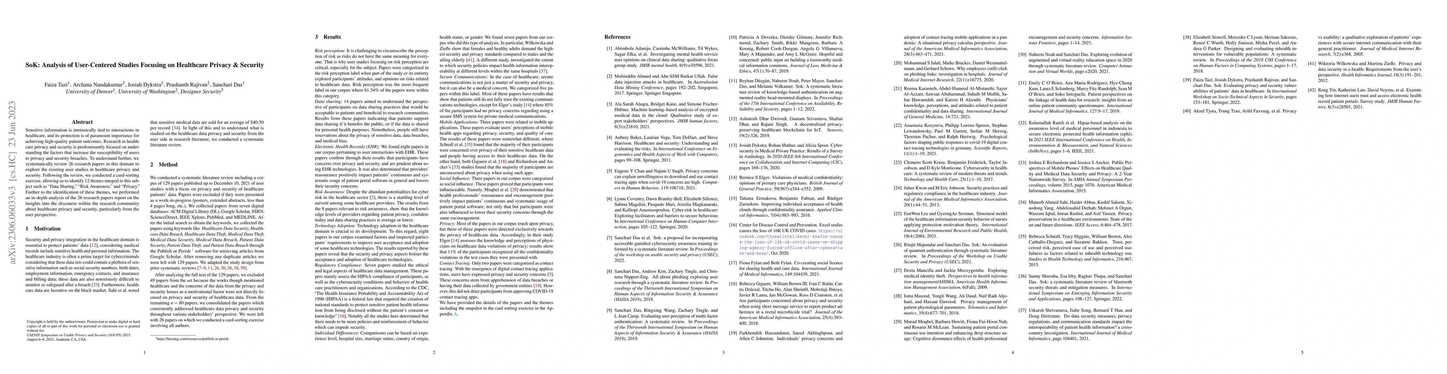 Thumbnail for SoK: Analysis of User-Centered Studies Focusing on Healthcare Privacy &
  Security