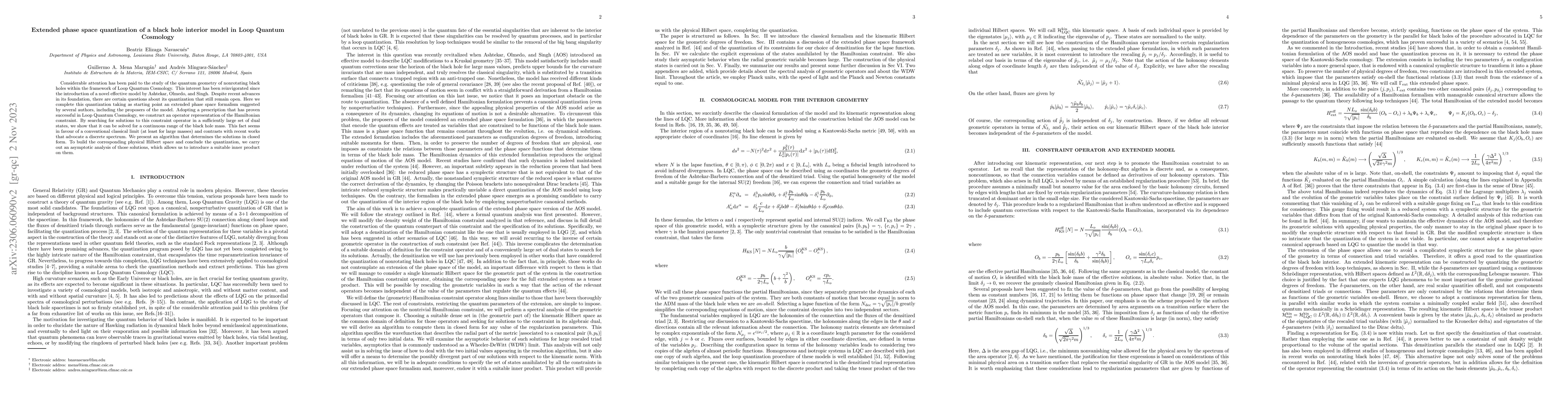 Thumbnail for Extended phase space quantization of a black hole interior model in Loop
  Quantum Cosmology