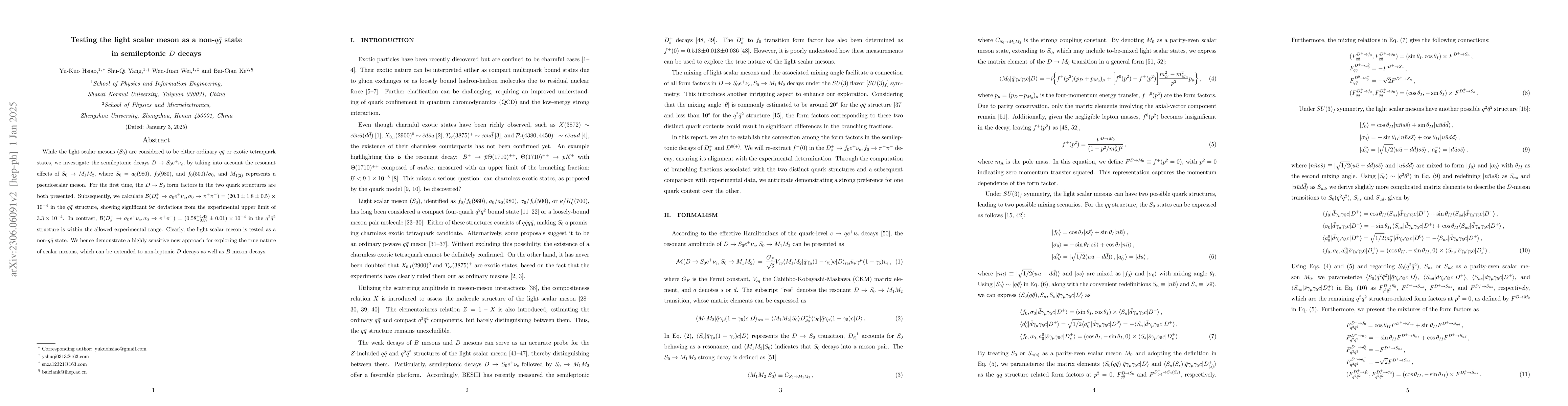 Thumbnail for Testing the light scalar meson as a non-$q\bar q$ state in semileptonic
  $D$ decays