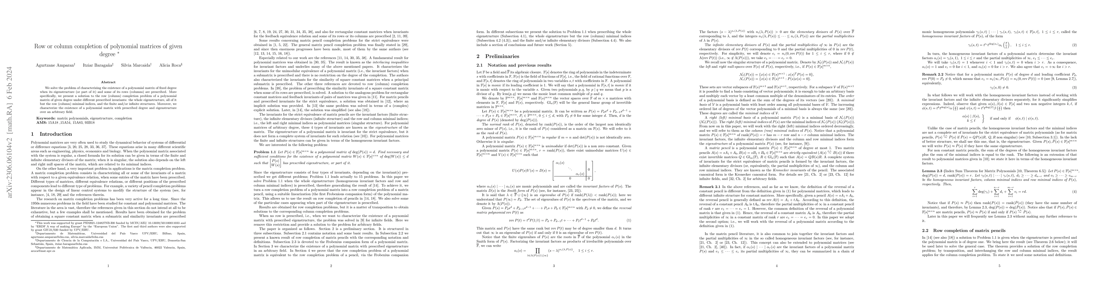 Thumbnail for Row or column completion of polynomial matrices of given degree