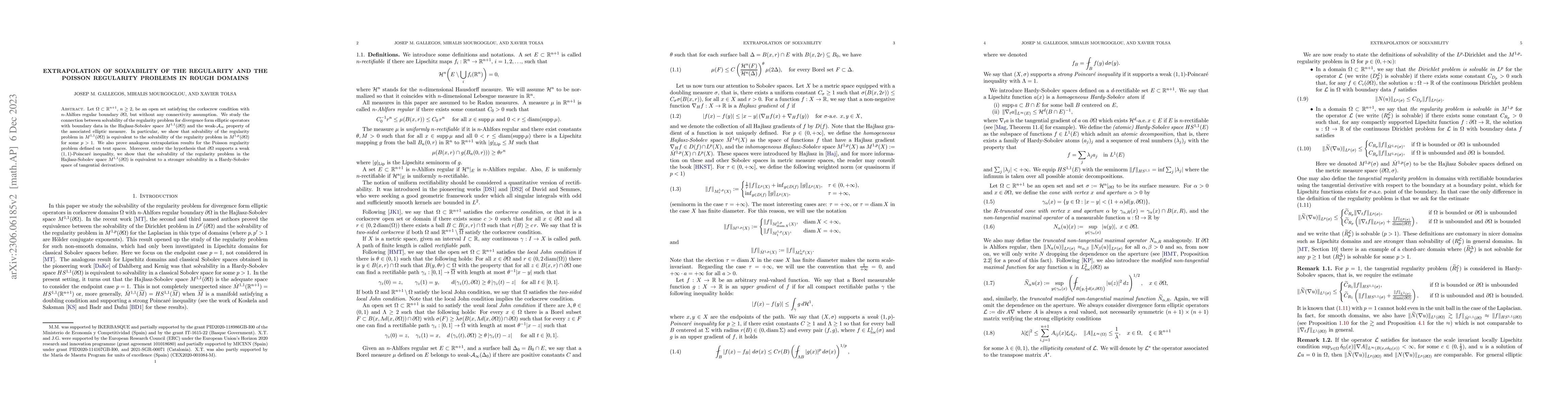 Thumbnail for Extrapolation of solvability of the regularity and the Poisson
  regularity problems in rough domains