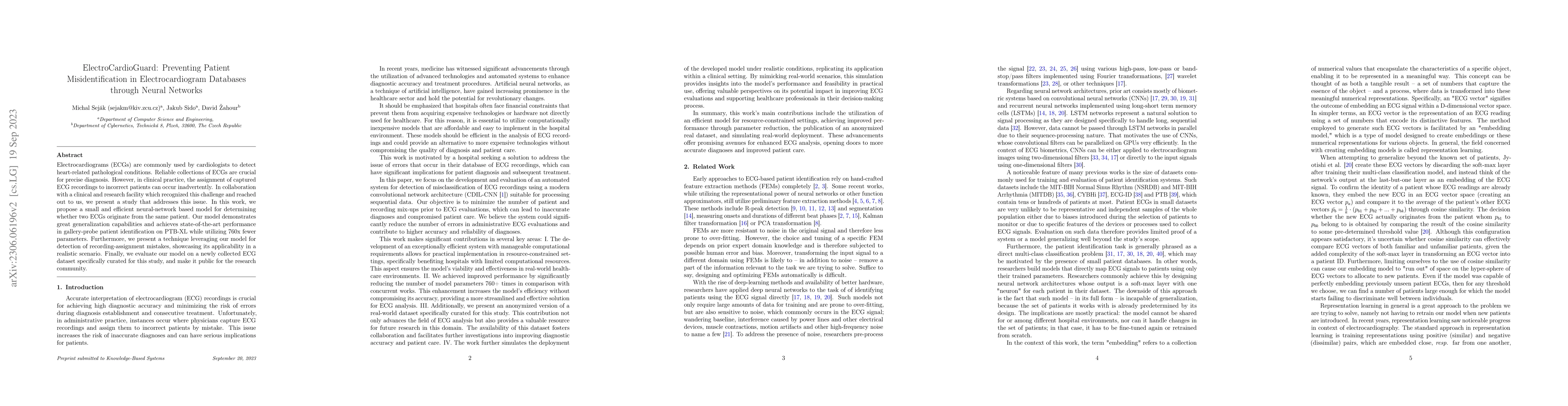 Thumbnail for ElectroCardioGuard: Preventing Patient Misidentification in
  Electrocardiogram Databases through Neural Networks