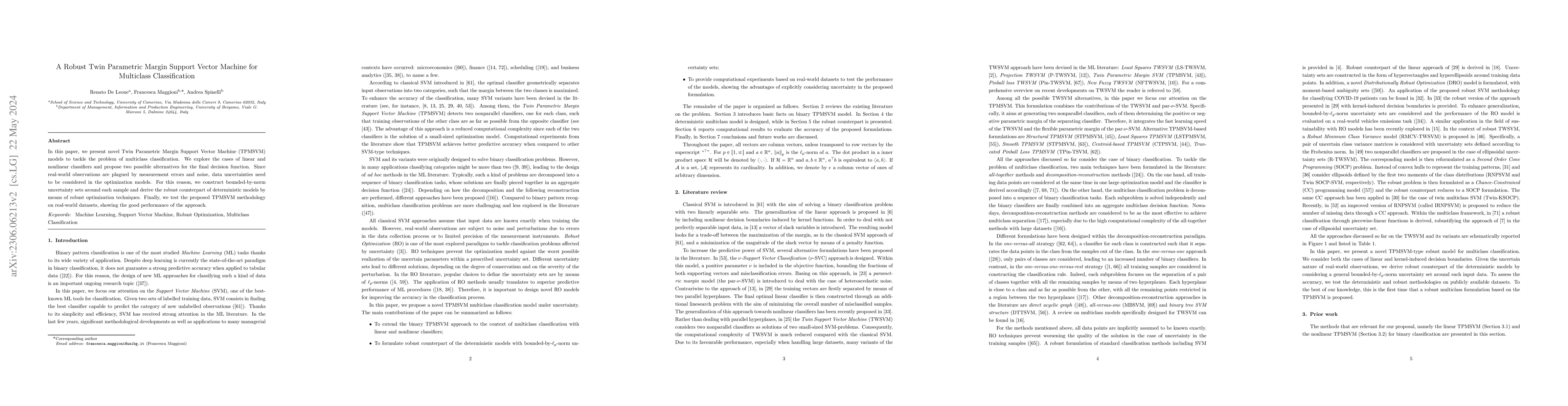 Thumbnail for Robust Twin Parametric Margin Support Vector Machine for Multiclass
  Classification