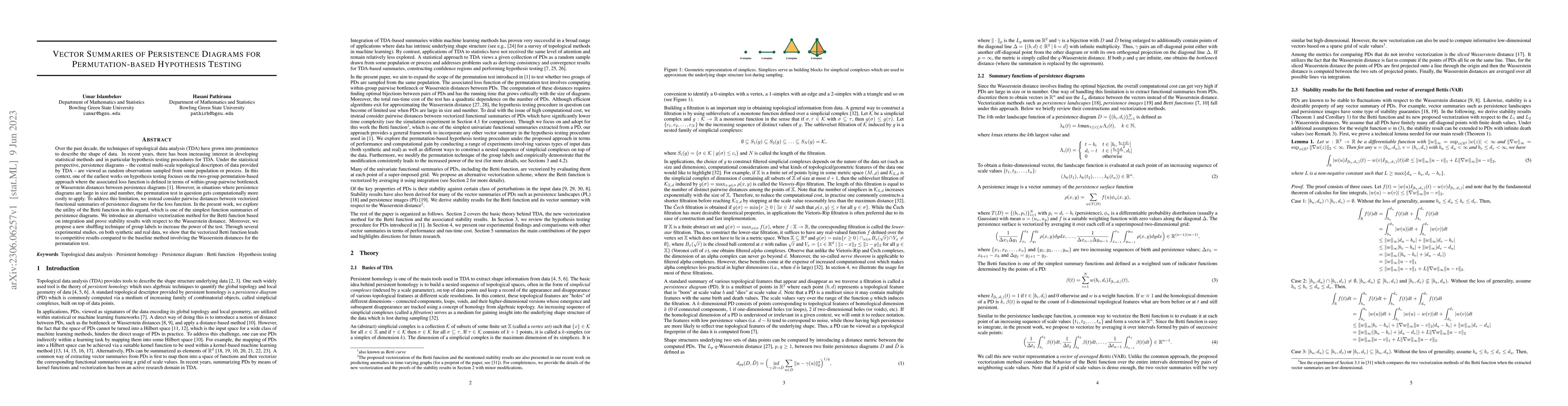 Thumbnail for Vector Summaries of Persistence Diagrams for Permutation-based
  Hypothesis Testing