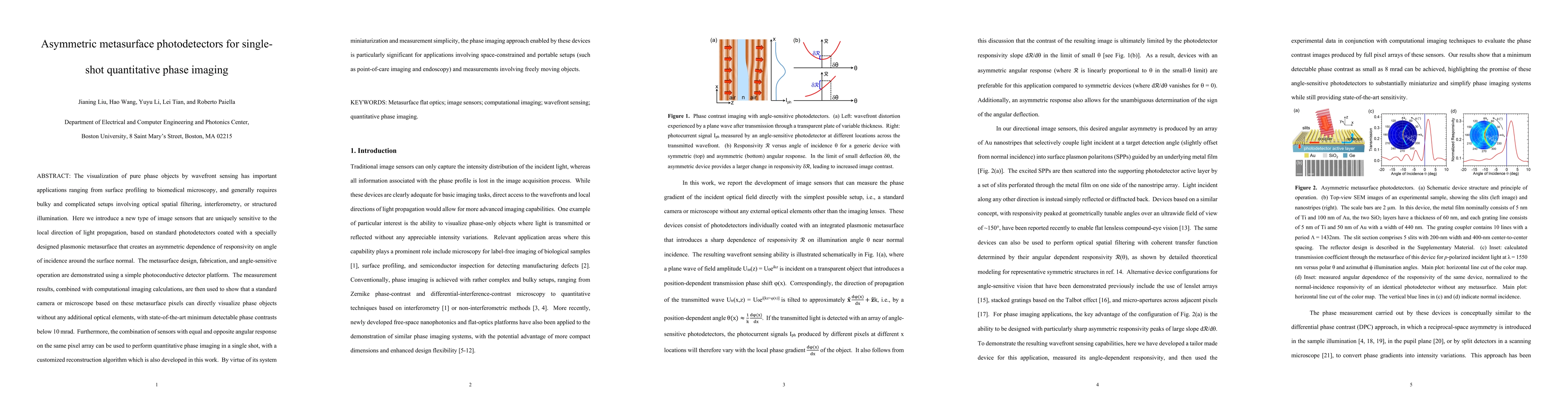 Thumbnail for Asymmetric metasurface photodetectors for single-shot quantitative phase
  imaging