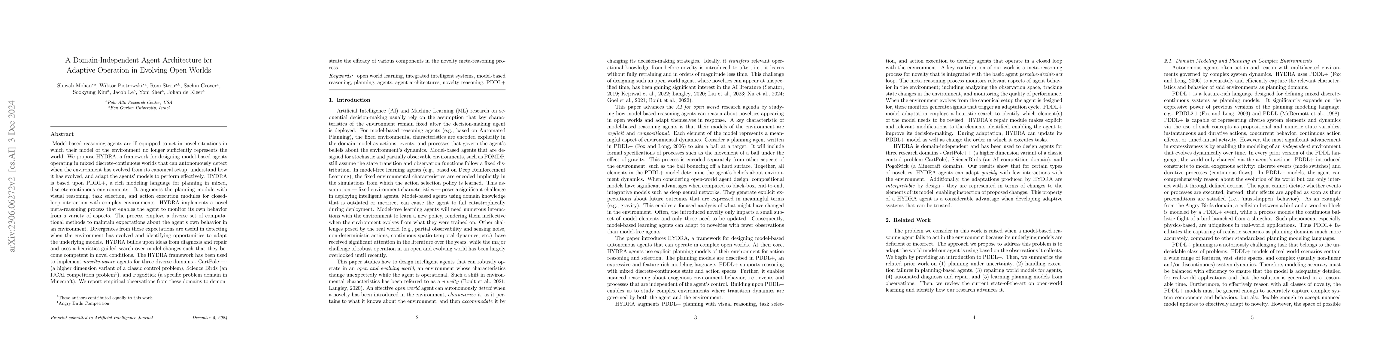 Thumbnail for A Domain-Independent Agent Architecture for Adaptive Operation in
  Evolving Open Worlds