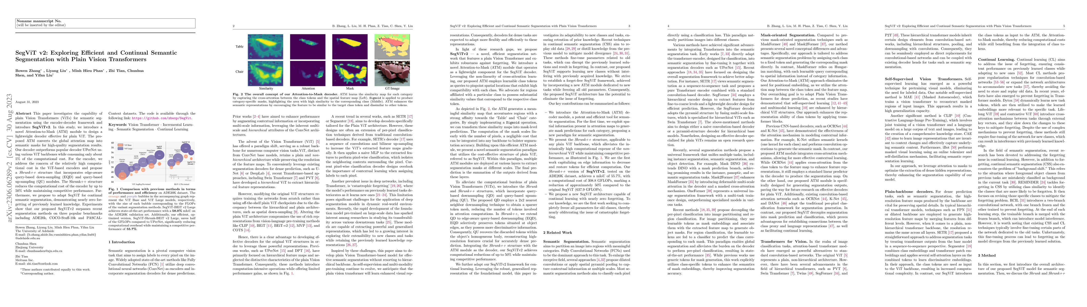 Thumbnail for SegViTv2: Exploring Efficient and Continual Semantic Segmentation with
  Plain Vision Transformers