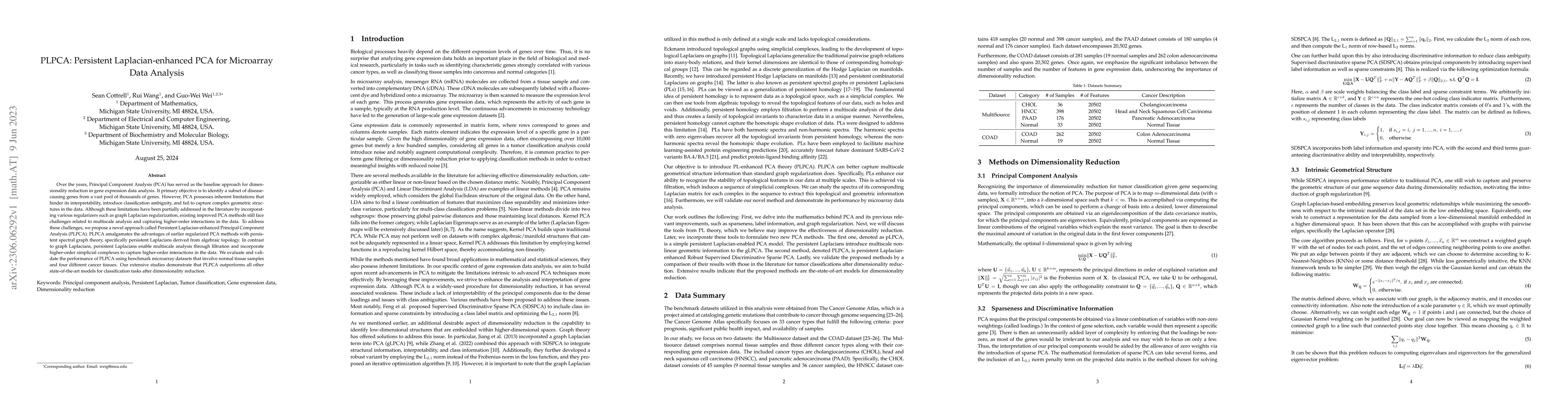 Thumbnail for PLPCA: Persistent Laplacian Enhanced-PCA for Microarray Data Analysis